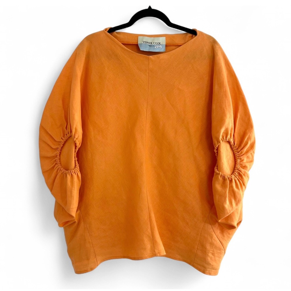 Trish Cox Orange Linen Relaxed Blouse Boat Neck Top Short Sleeve Lagenlook XL‎